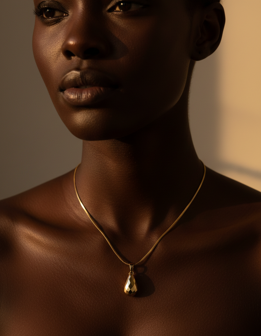 Dark model wearing gold pendant necklace